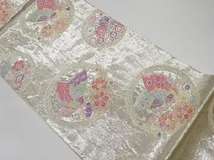リサイクル　丸紋に蝶・花々模様織出し袋帯